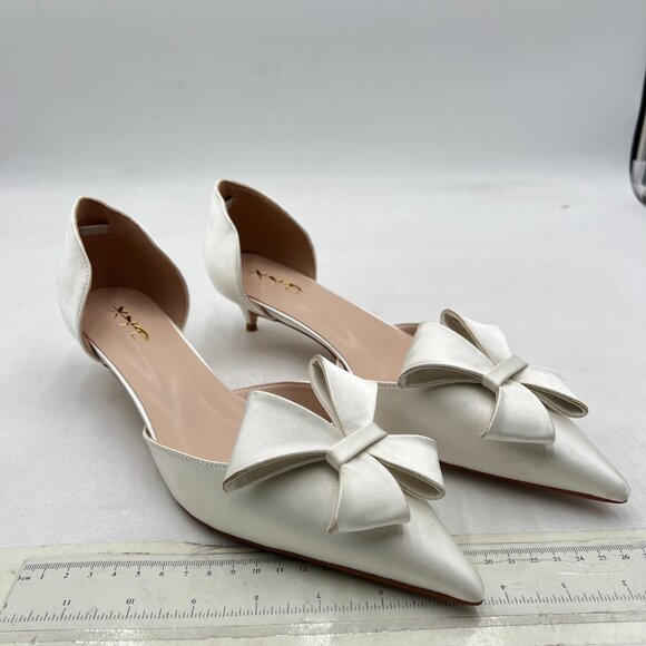 XYD Ivory D'Orsay Kitten Heel Bridal Bowknot Pumps Elegant Pointed Toe Shoes - Picture 4 of 8